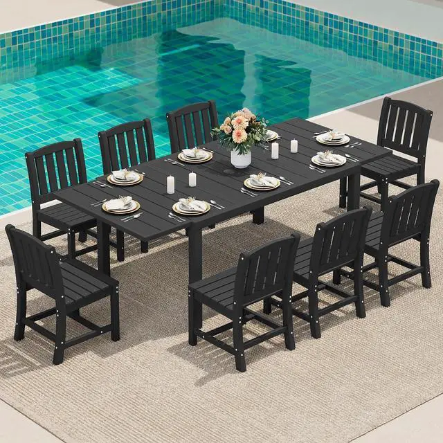 Main image of 9-Piece Outdoor Dining Set, 60" - 83" Expandable Outdoor Dining Table and 8 HDPE Chairs, All Weather HDPE Outdoor Furniture Set for Backyard, Garden
