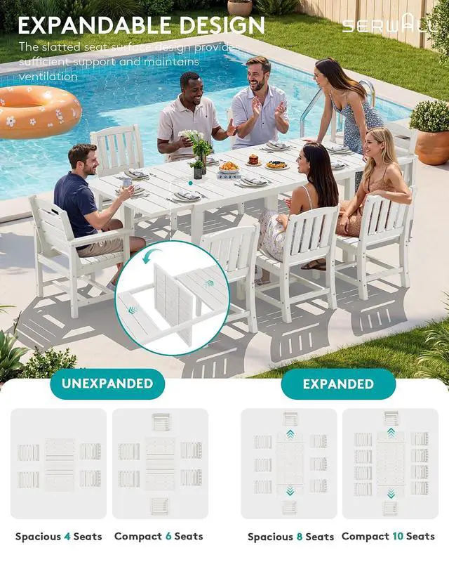 Alt view image 3 of 7 - 9-Piece Outdoor Dining Set, 60" - 83" Expandable Outdoor Dining Table and 8 HDPE Chairs, All Weather HDPE Outdoor Furniture Set for Backyard, Garden, White
