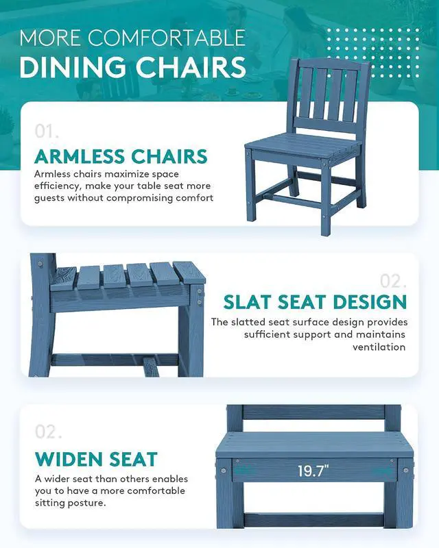 Alt view image 6 of 7 - 9-Piece Outdoor Dining Set, 60" - 83" Expandable Outdoor Dining Table and 8 HDPE Chairs, All Weather HDPE Outdoor Furniture Set for Backyard, Garden, Blue