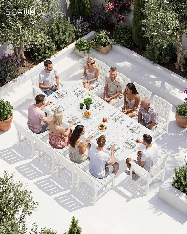 Alt view image 7 of 7 - Outdoor Expandable Dining Table 60" - 83", Patio Dining Table for 4-10 People, All Weather HDPE and Aluminum Outdoor Furniture for Backyard, Garden, White