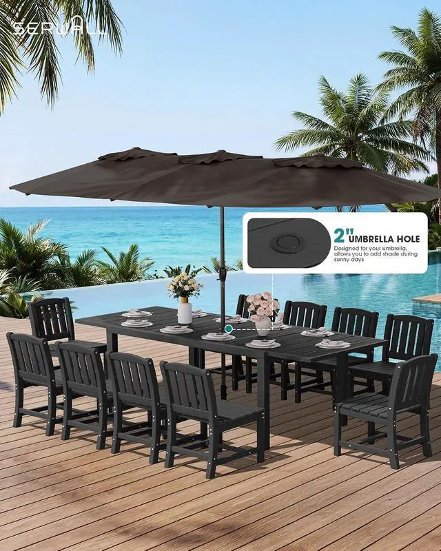 Alt view image 2 of 7 - 10-Piece Patio Dining Sets with 15FT Patio Umbrella, 60" - 83" Expandable Outdoor Dining Table and 8 HDPE Chairs, Aluminum Frame Table with HDPE Tabletop, Black (Umbreall Base not Included)