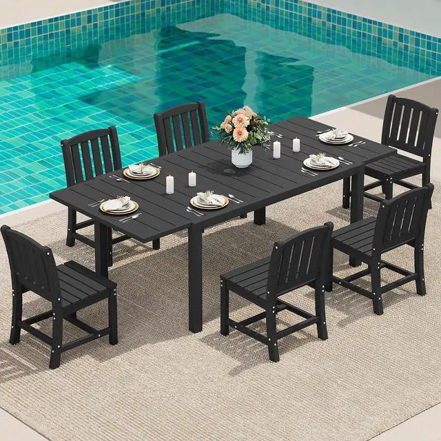 Main image of 7-Piece Outdoor Dining Set, 60" - 83" Expandable Outdoor Dining Table and 6 HDPE Chairs, All Weather HDPE Outdoor Furniture Set for Backyard, Garden, Black