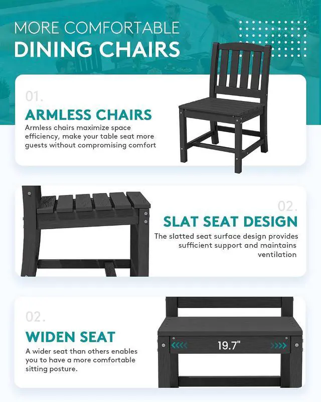 Alt view image 6 of 7 - 7-Piece Outdoor Dining Set, 60" - 83" Expandable Outdoor Dining Table and 6 HDPE Chairs, All Weather HDPE Outdoor Furniture Set for Backyard, Garden, Black