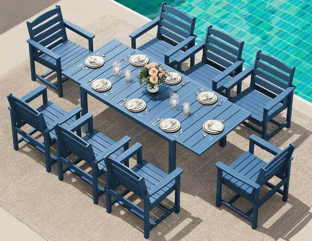 Main image of 9-Piece Outdoor Dining Set, 60" - 83" Expandable Outdoor Dining Table and 8 HDPE Chairs, All Weather HDPE Outdoor Furniture Set for Backyard, Garden, Blue