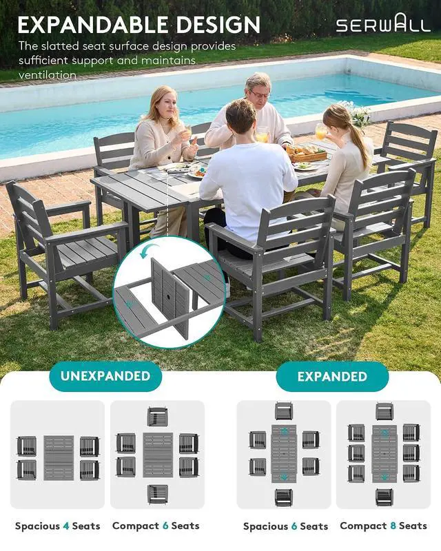 Alt view image 3 of 7 - Outdoor Expandable Dining Table 60" - 83", Patio Dining Table for 4-10 People, All Weather HDPE and Aluminum Outdoor Furniture for Backyard, Garden, Grey