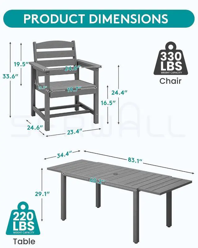 Alt view image 6 of 7 - Outdoor Expandable Dining Table 60" - 83", Patio Dining Table for 4-10 People, All Weather HDPE and Aluminum Outdoor Furniture for Backyard, Garden, Grey