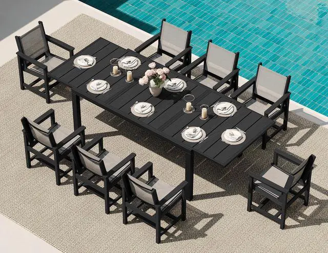 Main image of 9-Piece Outdoor Dining Set, 60" - 83" Expandable Patio Dining Table with 8 Breathable Textilene Chairs, All Weather HDPE Patio Furniture Set, Black