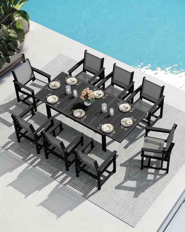 Alt view image 5 of 7 - 9-Piece Outdoor Dining Set, 60" - 83" Expandable Patio Dining Table with 8 Breathable Textilene Chairs, All Weather HDPE Patio Furniture Set, Black