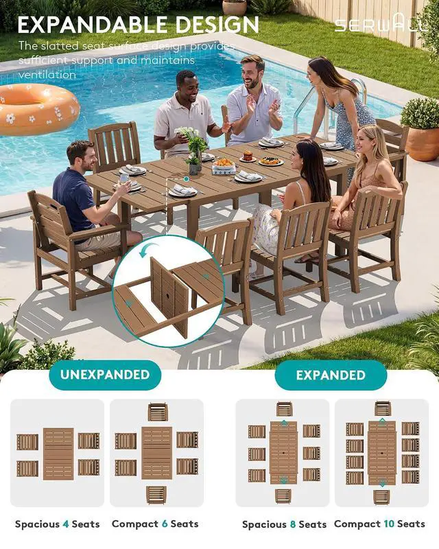 Alt view image 3 of 7 - Outdoor Expandable Dining Table 60" - 83", Patio Dining Table for 4-10 People, All Weather HDPE and Aluminum Outdoor Furniture for Backyard, Garden, Brown