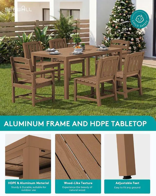 Alt view image 4 of 7 - Outdoor Expandable Dining Table 60" - 83", Patio Dining Table for 4-10 People, All Weather HDPE and Aluminum Outdoor Furniture for Backyard, Garden, Brown