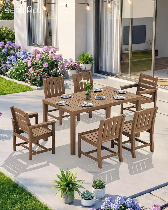 Alt view image 7 of 7 - Outdoor Expandable Dining Table 60" - 83", Patio Dining Table for 4-10 People, All Weather HDPE and Aluminum Outdoor Furniture for Backyard, Garden, Brown