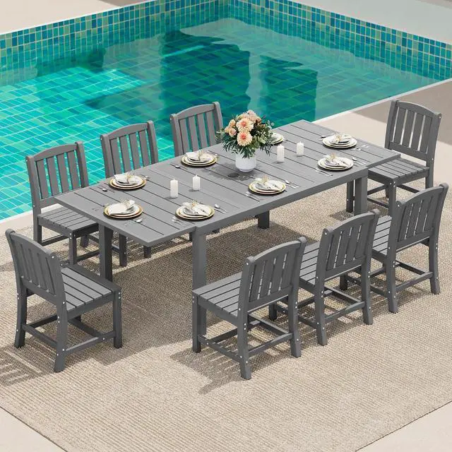 Main image of 9-Piece Outdoor Dining Set, 60" - 83" Expandable Outdoor Dining Table and 8 HDPE Chairs, All Weather HDPE Outdoor Furniture Set for Backyard, Garden, Grey