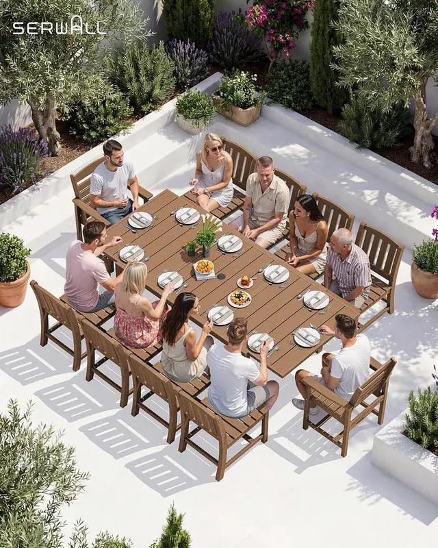Alt view image 6 of 7 - Outdoor Expandable Dining Table 60" - 83", Patio Dining Table for 4-10 People, All Weather HDPE and Aluminum Outdoor Furniture for Backyard, Garden, Brown