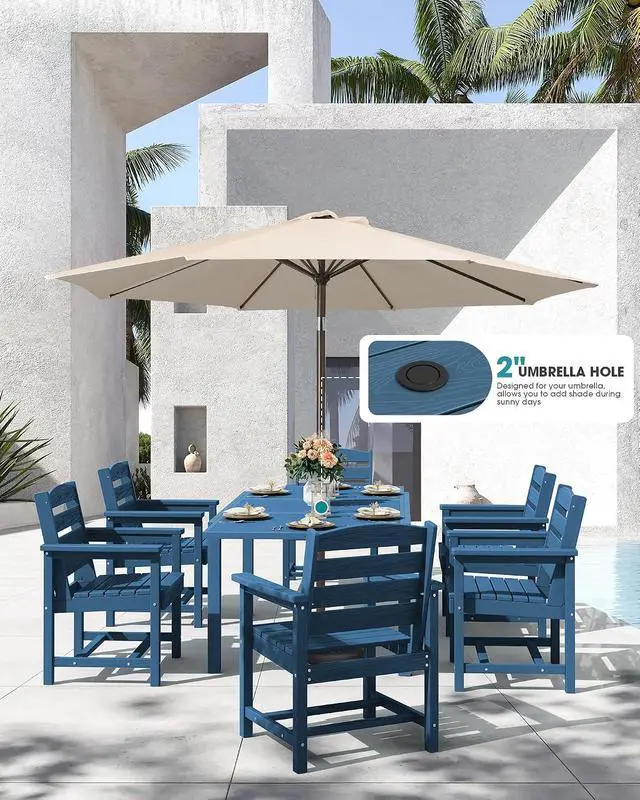 Alt view image 2 of 7 - 9-Piece Outdoor Dining Set, 60" - 83" Expandable Outdoor Dining Table and 8 HDPE Chairs, All Weather HDPE Outdoor Furniture Set for Backyard, Garden, Blue
