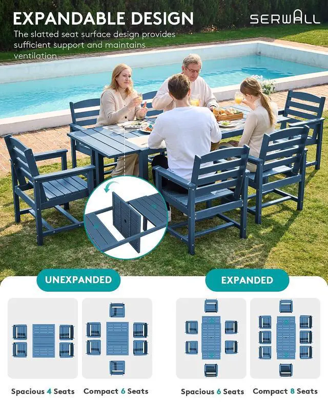 Alt view image 3 of 7 - 10-Piece Patio Dining Sets with 15FT Patio Umbrella, 60" - 83" Expandable Outdoor Dining Table and 8 HDPE Chairs, All Weather HDPE Outdoor Furniture Set (Umbreall Base not Included)