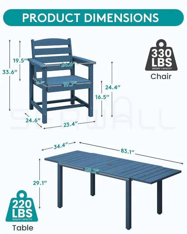 Alt view image 5 of 7 - 10-Piece Patio Dining Sets with 15FT Patio Umbrella, 60" - 83" Expandable Outdoor Dining Table and 8 HDPE Chairs, All Weather HDPE Outdoor Furniture Set (Umbreall Base not Included)