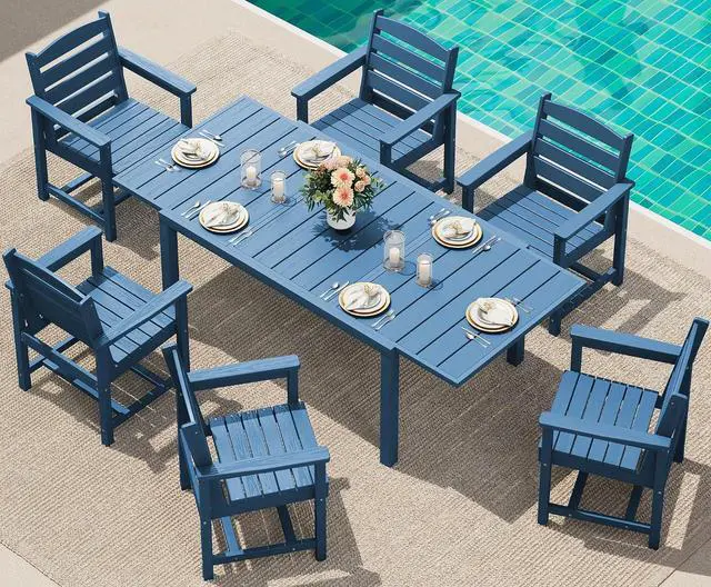 Main image of 7-Piece Patio Dining Sets, 60" - 83" Expandable Outdoor Dining Table and 6 HDPE Chairs, All Weather HDPE Outdoor Furniture Set for Backyard, Garden, Blue