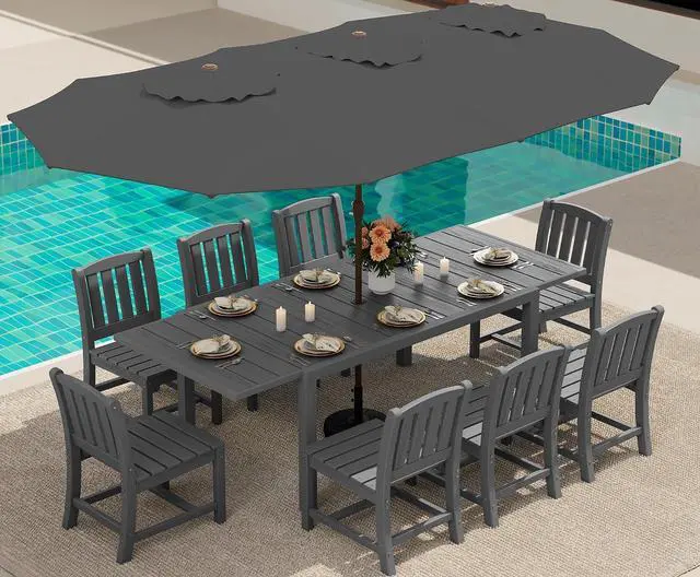 Main image of 10-Piece Patio Dining Sets with 15FT Patio Umbrella, 60" - 83" Expandable Outdoor Dining Table and 8 HDPE Chairs, All Weather HDPE Outdoor Furniture Set, Grey (Umbreall Base not Included)