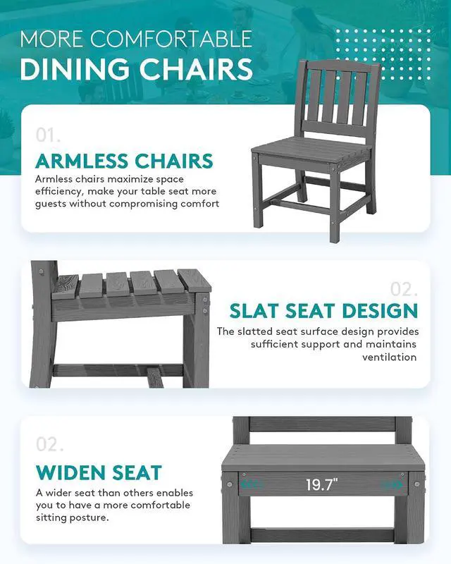 Alt view image 5 of 7 - 9-Piece Outdoor Dining Set, 60" - 83" Expandable Outdoor Dining Table and 8 HDPE Chairs, All Weather HDPE Outdoor Furniture Set for Backyard, Garden, Grey