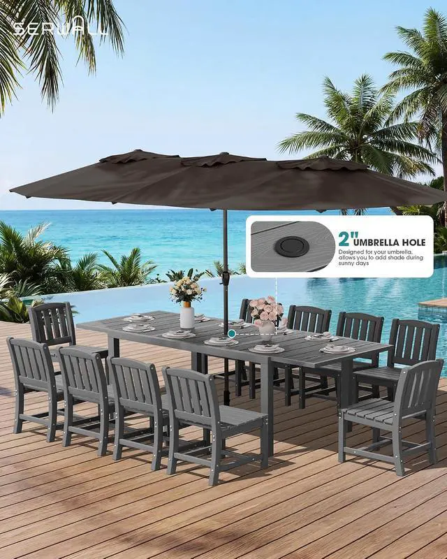 Alt view image 2 of 7 - 10-Piece Patio Dining Sets with 15FT Patio Umbrella, 60" - 83" Expandable Outdoor Dining Table and 8 HDPE Chairs, All Weather HDPE Outdoor Furniture Set, Grey (Umbreall Base not Included)