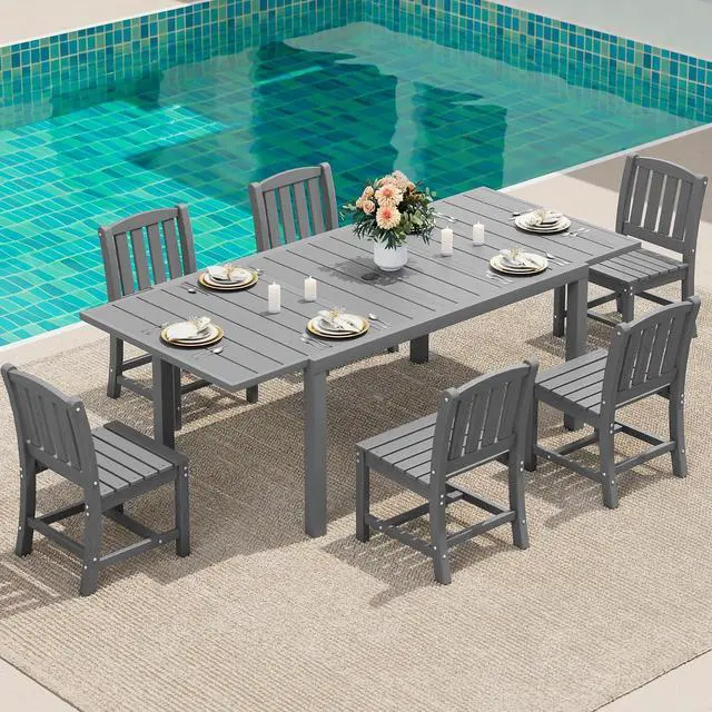 Main image of 7-Piece Outdoor Dining Set, 60" - 83" Expandable Outdoor Dining Table and 6 HDPE Chairs, All Weather HDPE Outdoor Furniture Set for Backyard, Garden, Grey
