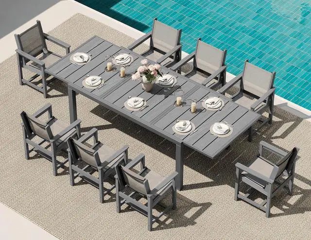 Main image of 9-Piece Outdoor Dining Set, 60" - 83" Expandable Patio Dining Table with 8 Breathable Textilene Chairs, All Weather HDPE Patio Furniture Set, Grey