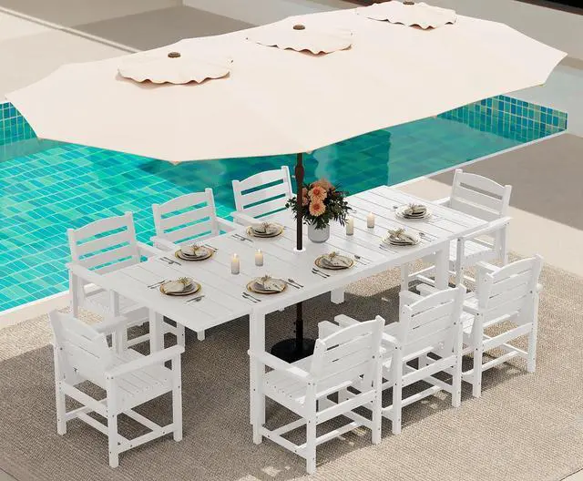 Main image of 10-Piece Patio Dining Sets with 15FT Patio Umbrella, 60" - 83" Expandable Outdoor Dining Table and 8 HDPE Chairs, All Weather HDPE Outdoor Furniture Set (Umbreall Base not Included)