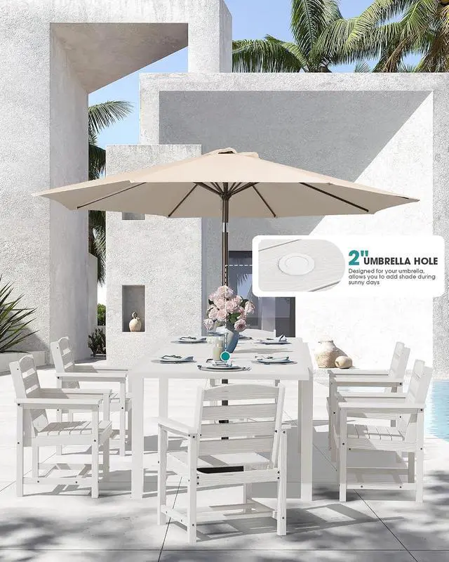 Alt view image 2 of 7 - 10-Piece Patio Dining Sets with 15FT Patio Umbrella, 60" - 83" Expandable Outdoor Dining Table and 8 HDPE Chairs, All Weather HDPE Outdoor Furniture Set (Umbreall Base not Included)