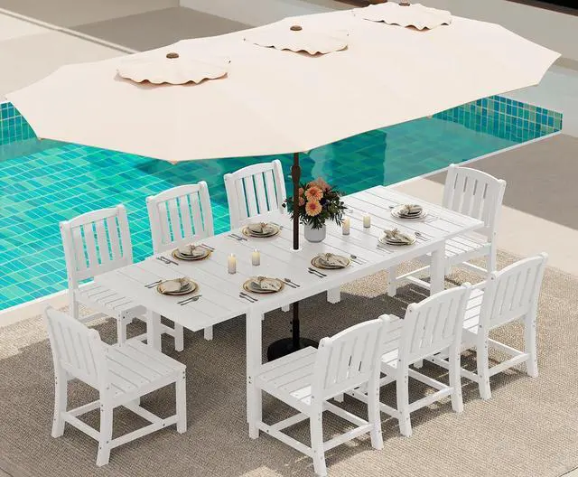 Main image of 10-Piece Patio Dining Sets with 15FT Patio Umbrella, 60" - 83" Expandable Outdoor Dining Table and 8 HDPE Chairs, All Weather HDPE Outdoor Furniture Set, White (Umbreall Base not Included)