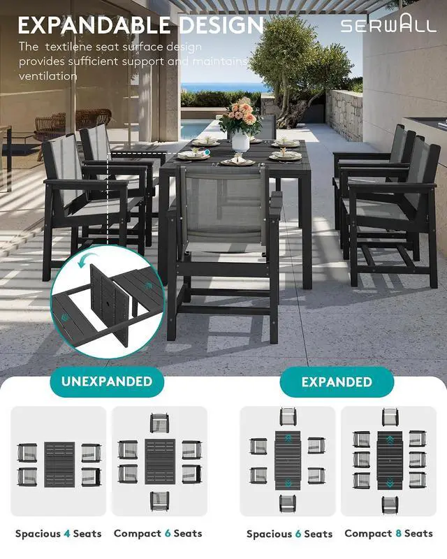 Alt view image 2 of 7 - 9-Piece Outdoor Dining Set, 60" - 83" Expandable Patio Dining Table with 8 Breathable Textilene Chairs, All Weather HDPE Patio Furniture Set, Black
