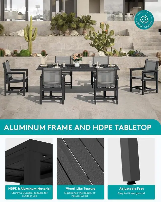 Alt view image 3 of 7 - 9-Piece Outdoor Dining Set, 60" - 83" Expandable Patio Dining Table with 8 Breathable Textilene Chairs, All Weather HDPE Patio Furniture Set, Black