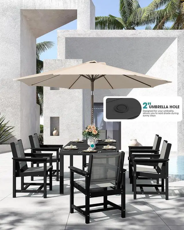Alt view image 4 of 7 - 9-Piece Outdoor Dining Set, 60" - 83" Expandable Patio Dining Table with 8 Breathable Textilene Chairs, All Weather HDPE Patio Furniture Set, Black