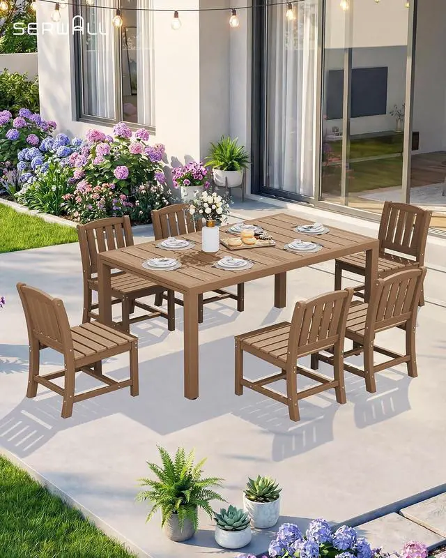 Alt view image 7 of 7 - 9-Piece Outdoor Dining Set, 60" - 83" Expandable Outdoor Dining Table and 8 HDPE Chairs, All Weather HDPE Outdoor Furniture Set for Backyard, Garden, Brown