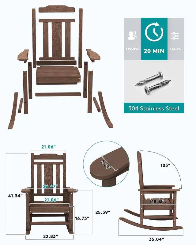 Alt view image 2 of 7 - Outdoor Rocking Chair Set of 6, Patio Rocking Chairs Set, HDPE Rocking Chair Outdoor for Adults, Heavy Duty Front Porch Rocker, Coffee
