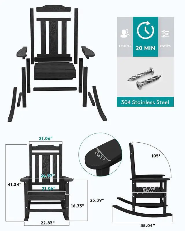 Alt view image 2 of 7 - Oversized Rocking Chair Set of 4 Outdoor, HDPE Outdoor Rocking Chair Set of 4, Black
