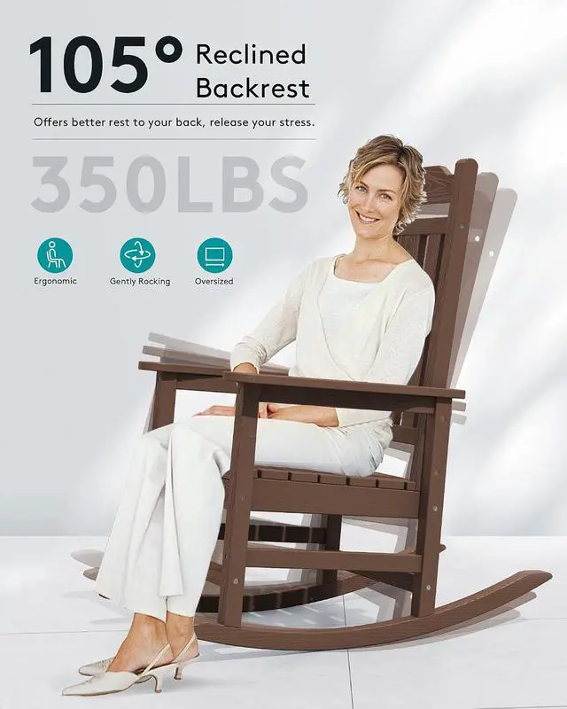 Alt view image 6 of 7 - Outdoor Rocking Chair Set of 6, Patio Rocking Chairs Set, HDPE Rocking Chair Outdoor for Adults, Heavy Duty Front Porch Rocker, Coffee