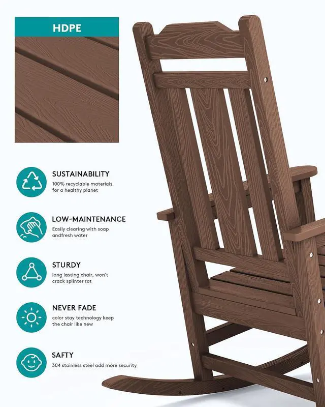 Alt view image 5 of 7 - Outdoor Rocking Chair Set of 6, Patio Rocking Chairs Set, HDPE Rocking Chair Outdoor for Adults, Heavy Duty Front Porch Rocker, Coffee