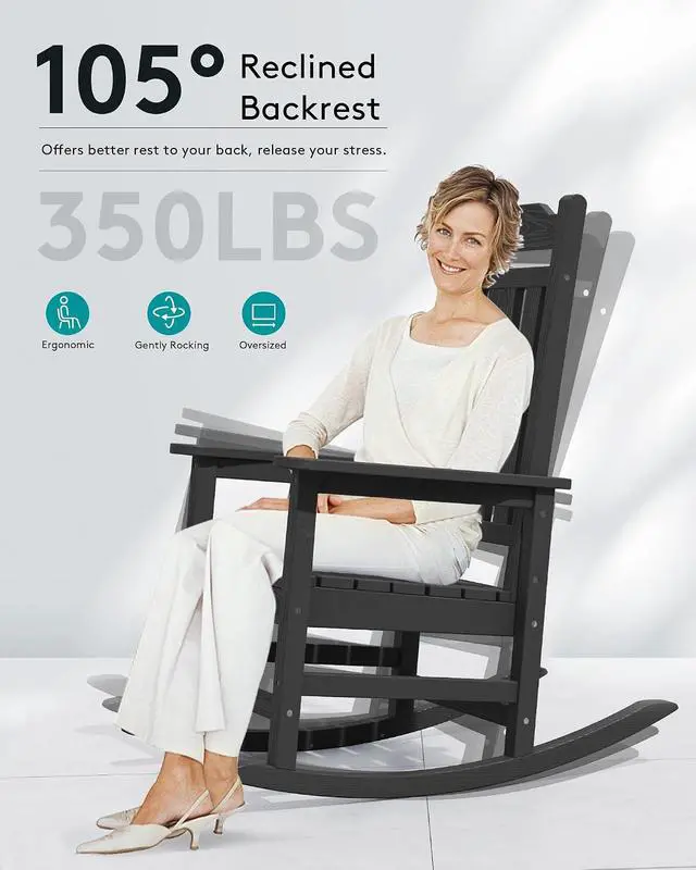 Alt view image 6 of 7 - Oversized Rocking Chair Set of 4 Outdoor, HDPE Outdoor Rocking Chair Set of 4, Black