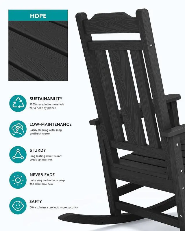 Alt view image 5 of 7 - Oversized Rocking Chair Set of 4 Outdoor, HDPE Outdoor Rocking Chair Set of 4, Black