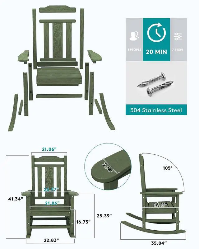 Alt view image 6 of 7 - Oversized Rocking Chair Set of 4 Outdoor, HDPE Outdoor Rocking Chair Set of 4, Avocado