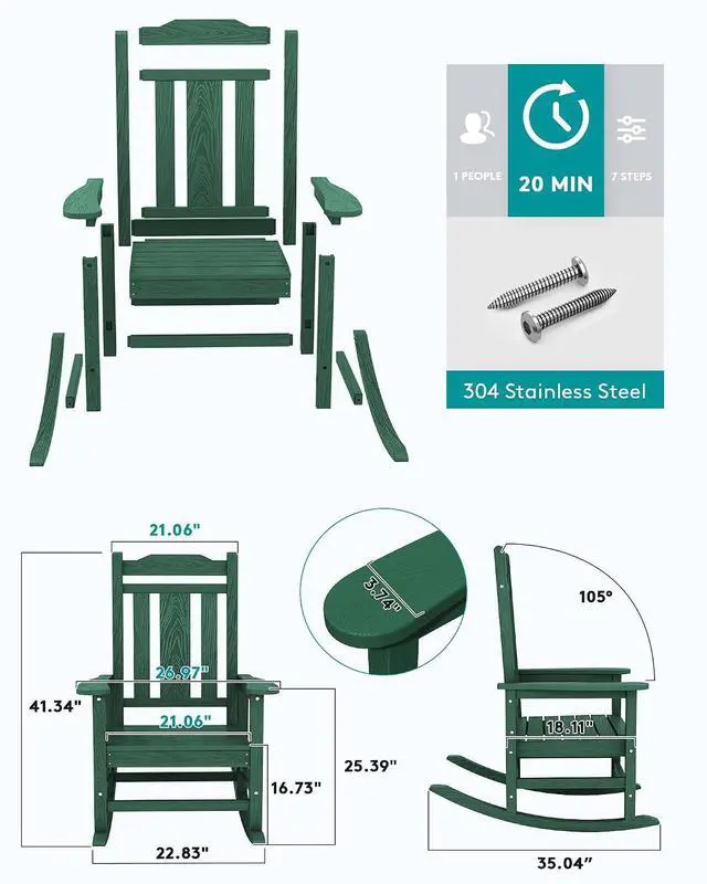 Alt view image 3 of 7 - HDPE Outdoor Rocking Chair Set of 2, Patio Rocking Chairs Set, Rocking Chair Outdoor for Adults, Green
