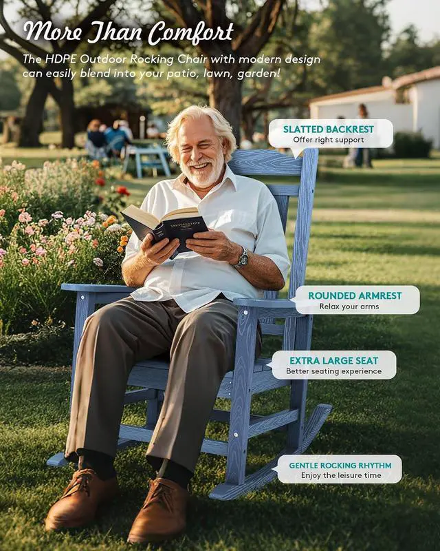 Alt view image 6 of 7 - Oversized Outdoor Rocking Chair Set of 4, All Weather Patio Rocking Chair, HDPE Poly Rocking Chair for Adults, Heavy Duty Front Porch Rocker,Unique Blue