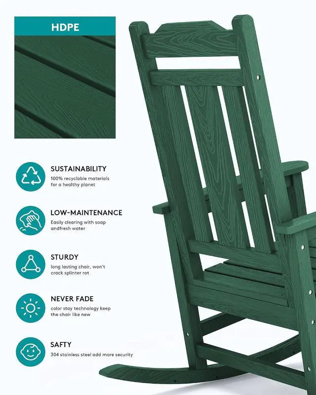 Alt view image 7 of 7 - HDPE Outdoor Rocking Chair Set of 2, Patio Rocking Chairs Set, Rocking Chair Outdoor for Adults, Green