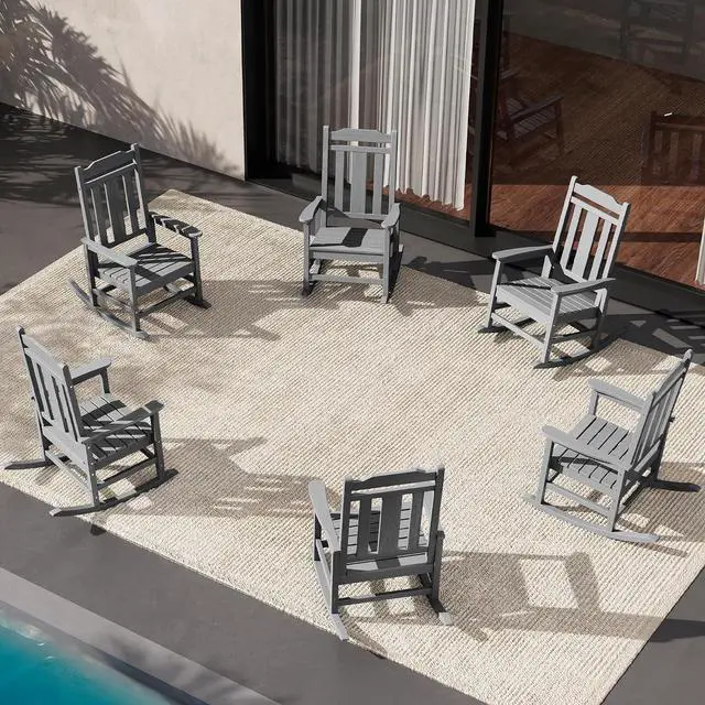 Main image of HDPE Outdoor Rocking Chair for Adults, Outdoor Rocking Chairs Set of 6, Patio Rocking Chair Sets, Gray