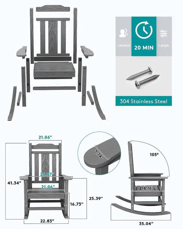 Alt view image 4 of 7 - Oversized Rocking Chair Outdoor, HDPE Outdoor Rocking Chair, Grey