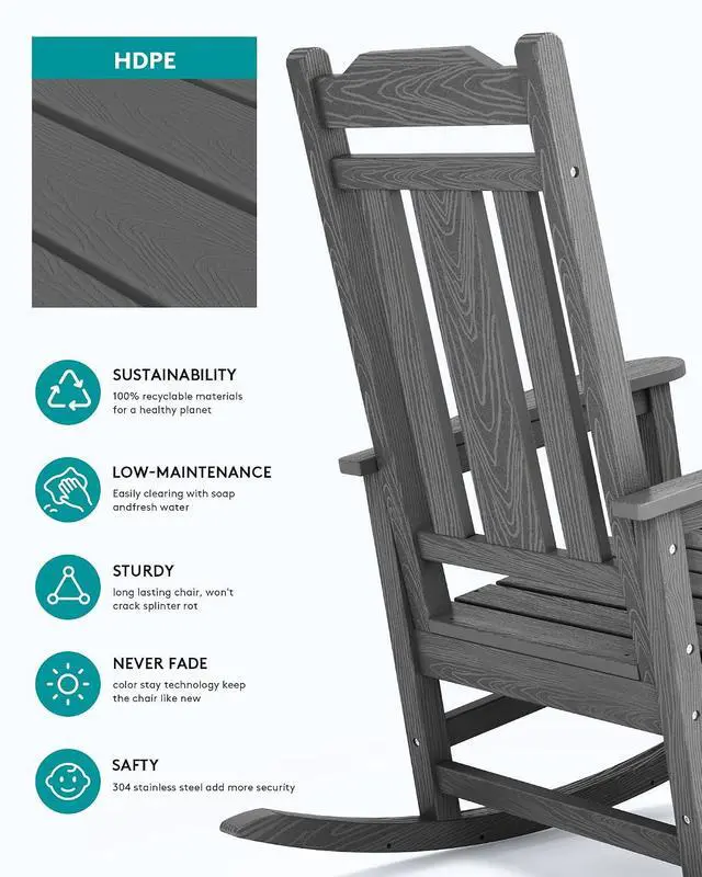 Alt view image 6 of 7 - Oversized Rocking Chair Outdoor, HDPE Outdoor Rocking Chair, Grey