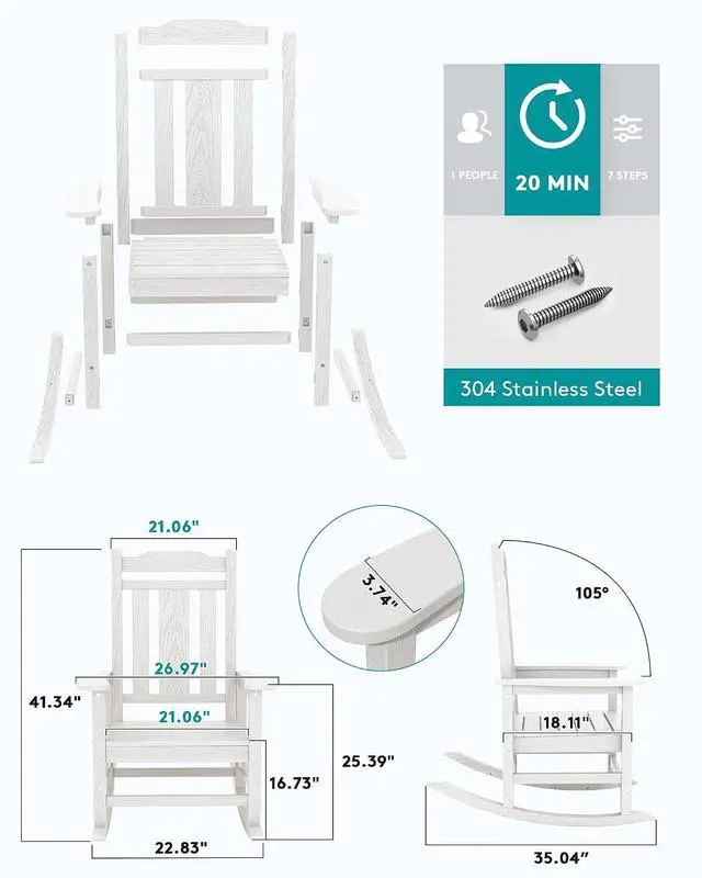 Alt view image 4 of 7 - Outdoor Rocking Chair Set of 6, Patio Rocking Chair Sets, HDPE Rocking Chair for Adults, White