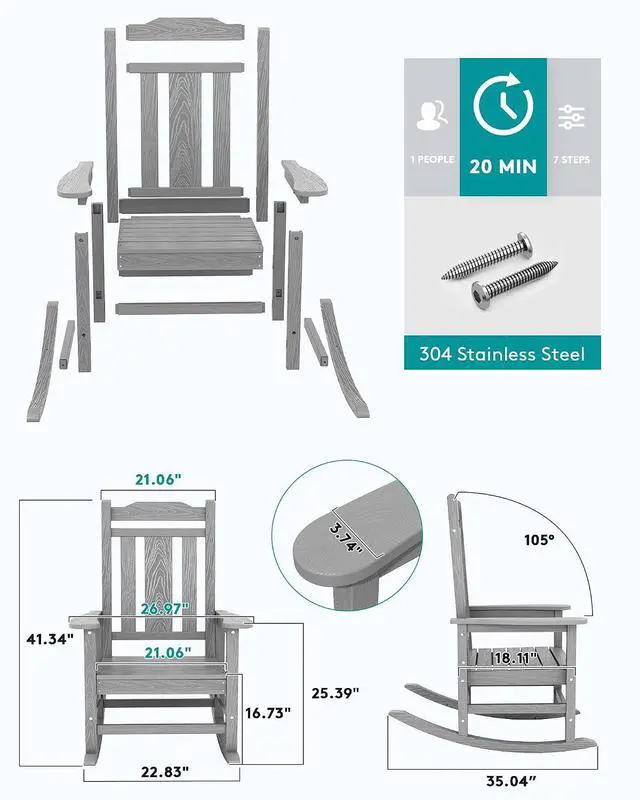 Alt view image 4 of 7 - Oversized Rocking Chair Outdoor, HDPE Outdoor Rocking Chair, Space Gray