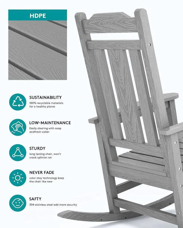 Alt view image 3 of 7 - Oversized Rocking Chair Outdoor, HDPE Outdoor Rocking Chair, Space Gray