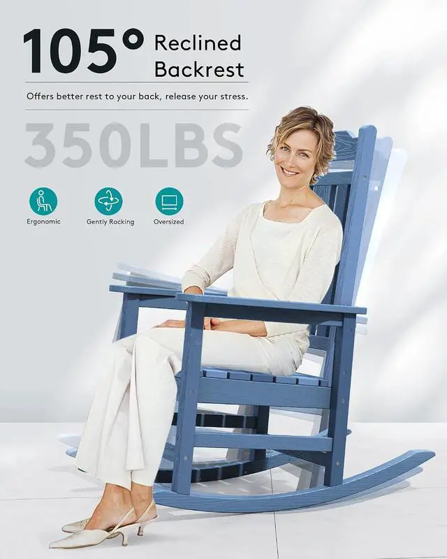 Alt view image 4 of 7 - Oversized Outdoor Rocking Chair Set of 2, All Weather Patio Rocking Chair, HDPE Poly Rocking Chair for Adults, Heavy Duty Front Porch Rocker,Unique Blue